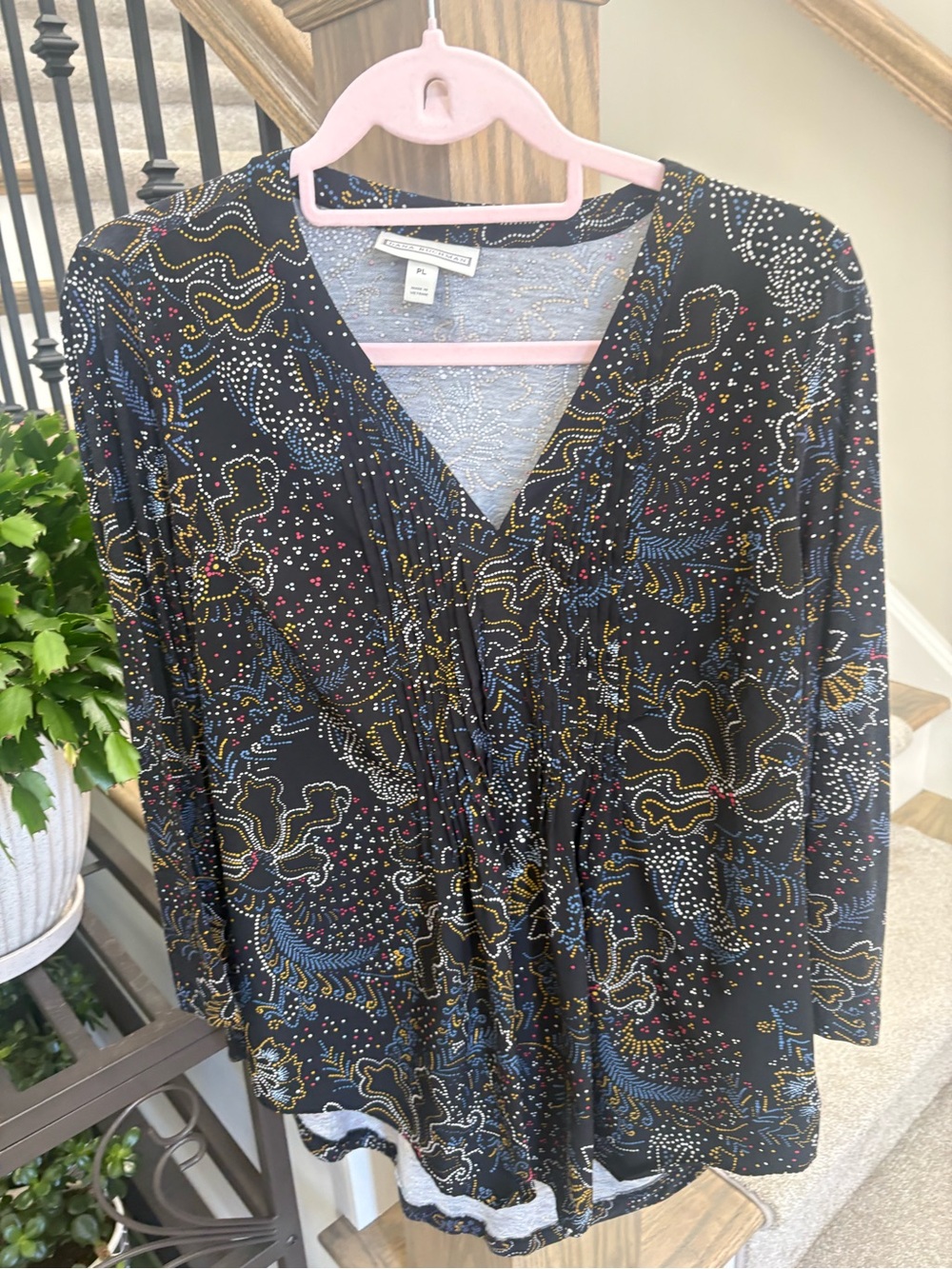 Dana Buchman Black Long-Sleeve V-Neck Printed Dress